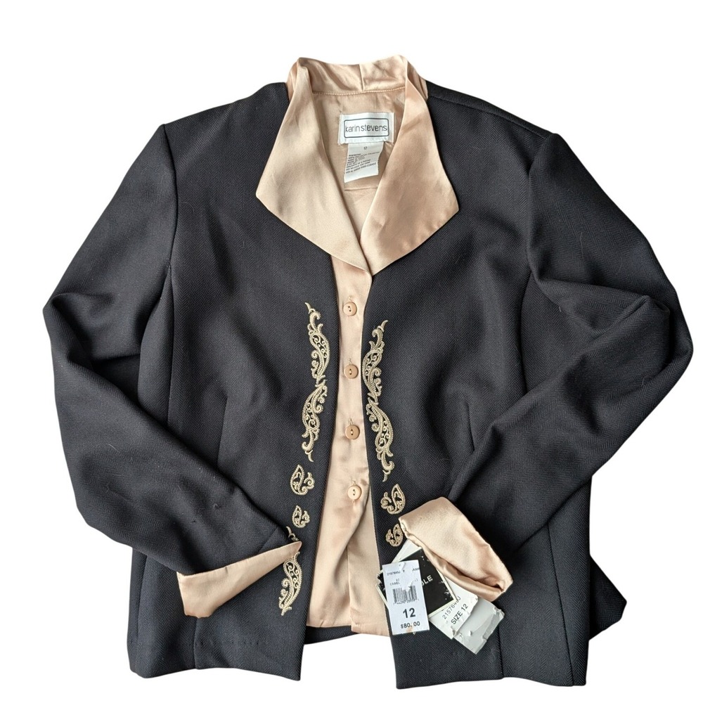 Vtg Karin Stevens Black Jacket Champagne Satin Vest‎ Inlay Embroidered 12